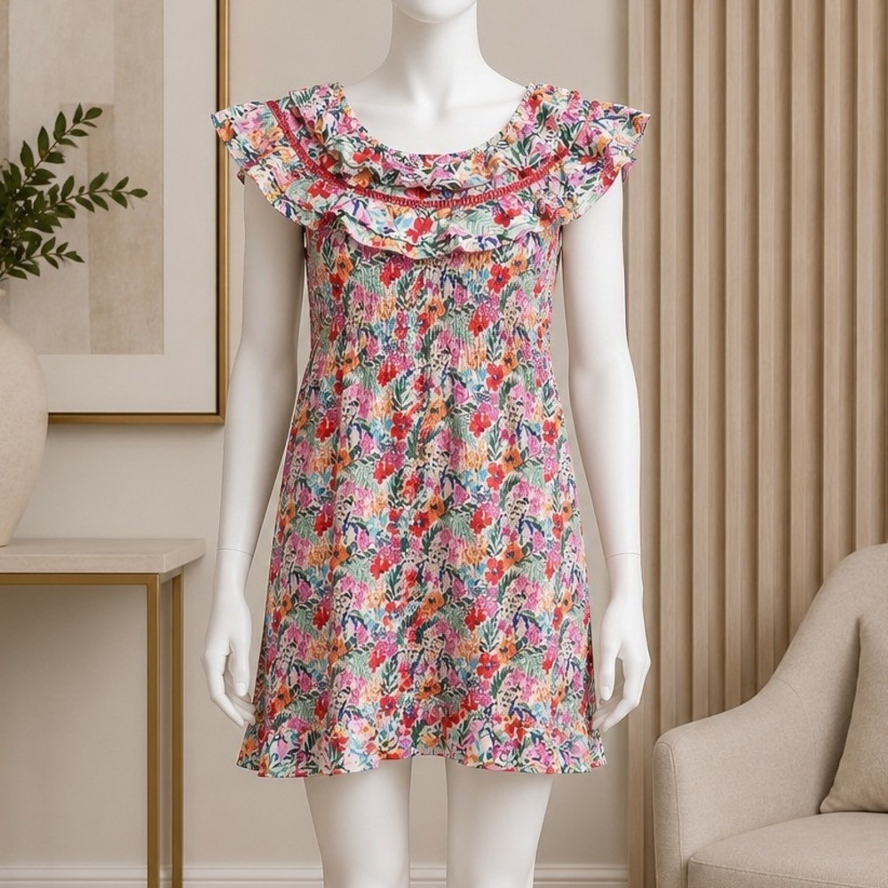 Lost + Wander Womens Mini Dress Floral Smocked Ruffle Cowl Neck Multi Size M